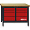 Werkbank mit Holzplatte, rotem Schubladenschrank und KS TOOLS-Logo.